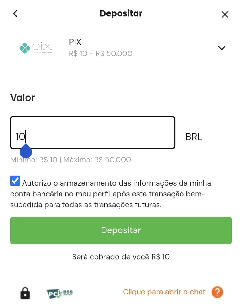 Captura de tela da página de depósitos na Betsson com valor mínimo de R$10 via Pix.