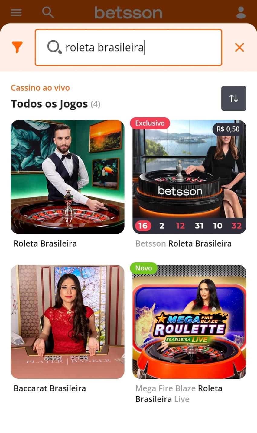 Captura de tela da Betsson na seção de jogos de roleta brasileira ao vivo.