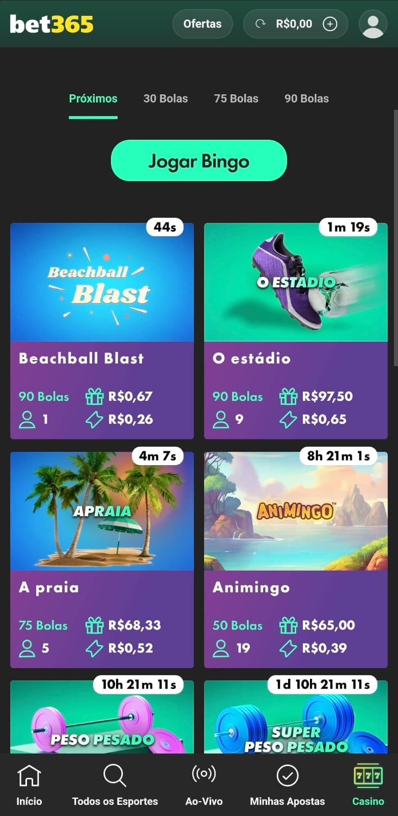 Captura de tela dos jogos próximos de bingo na bet365 com detalhes de aposta mínima, minutos para o sorteio e quantidade de bolas da sala
