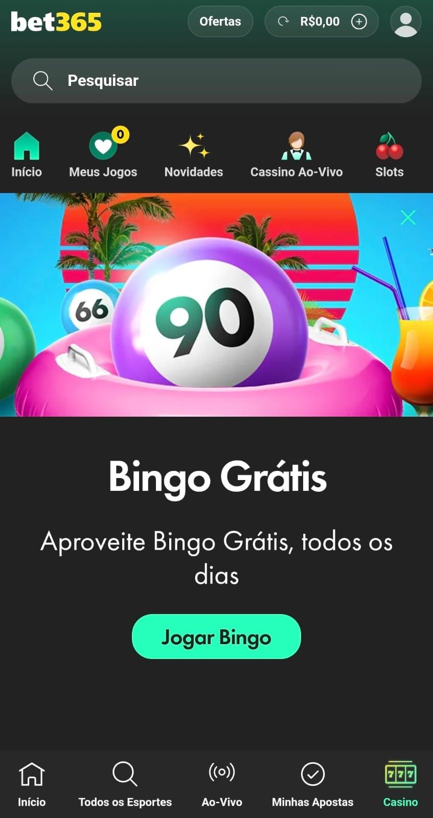 Captura de tela da página de Bingo Grátis na bet365 com botão para começar a jogar.