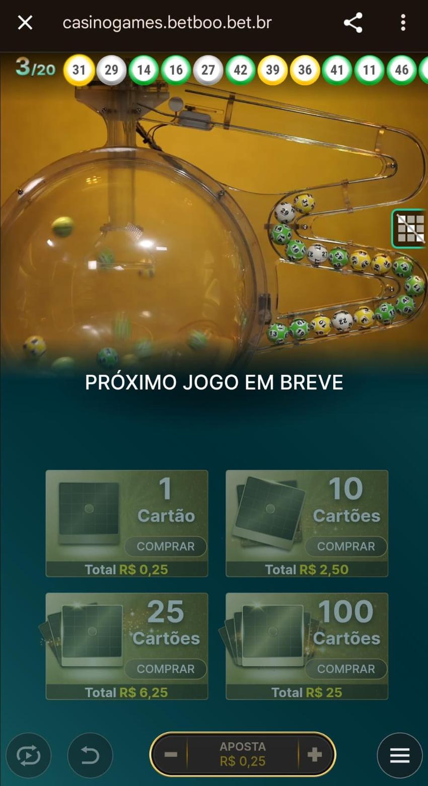 Captura de tela do bingo ao vivo Bola da Sorte no cassino Betboo.