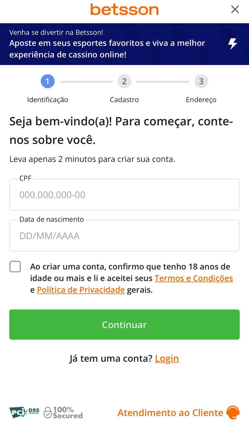 Captura da tela de cadastro em o código de bônus Betsson.
