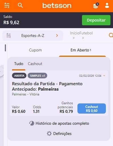 Captura de tela do Cash Out na Betsson.