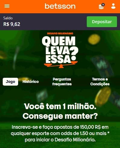 Captura de tela da promoção Desafio Milionário sem o código de bônus Betsson.
