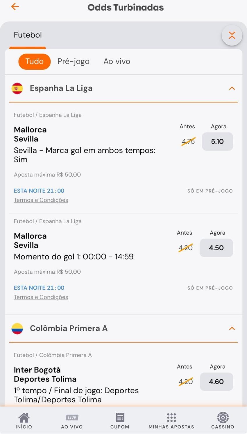Captura da tela de Odds Turbinadas sem o bônus Betsson.