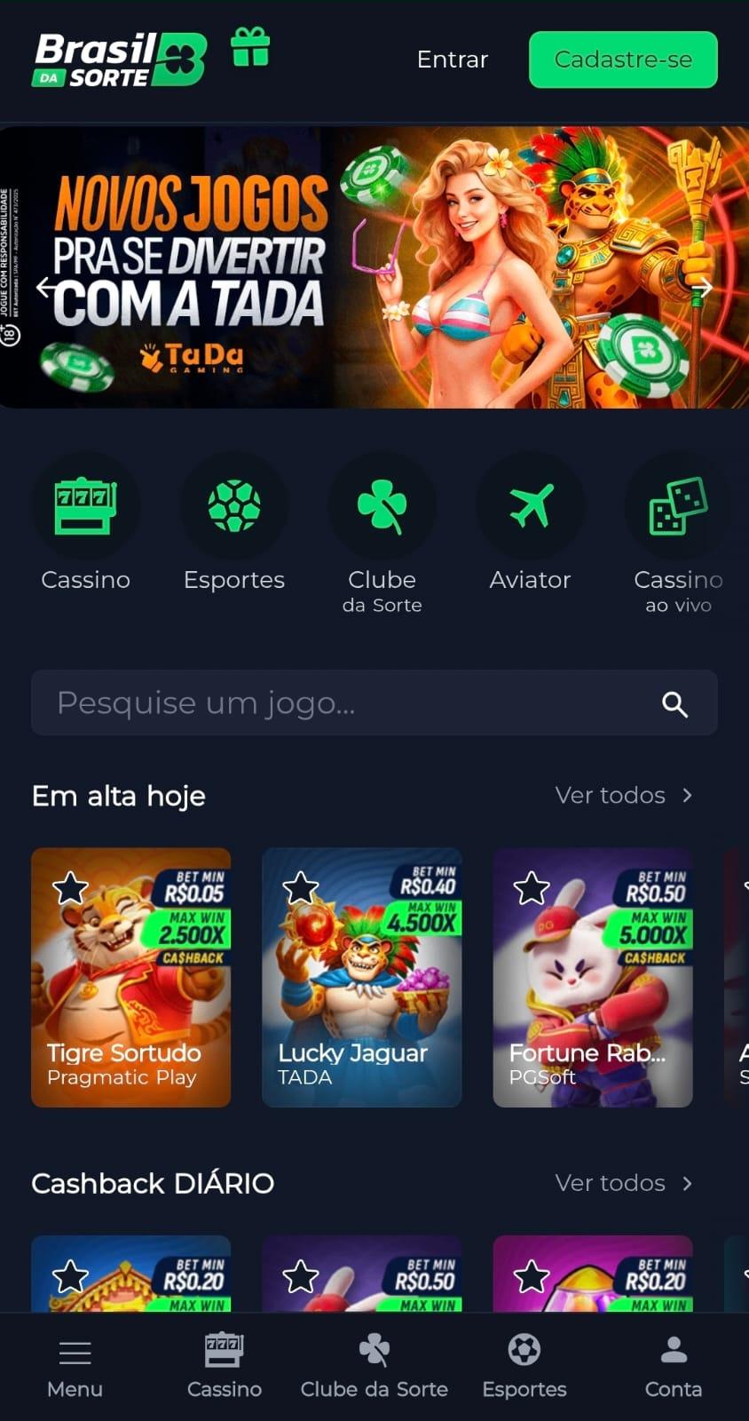 Captura de tela com as informações da página inicial da Brasil da Sorte incluindo jogos em alta e promoções da semana.