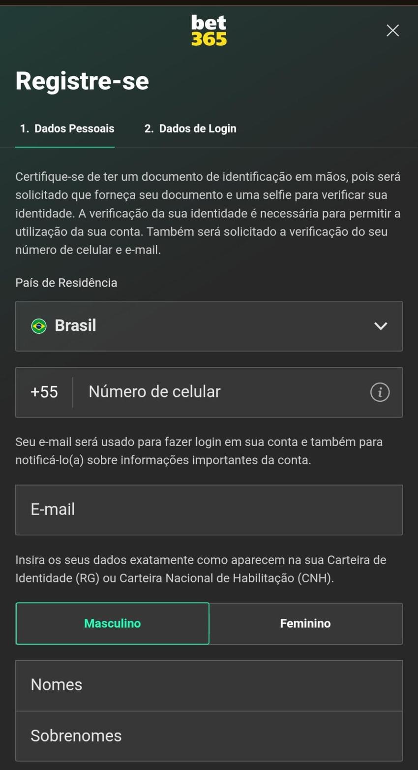 Captura de tela da página da bet365 cadastro no app.