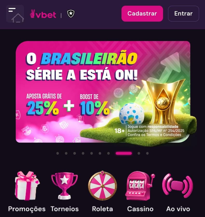 Captura de tela da casa de aposta autorizada Vbet.