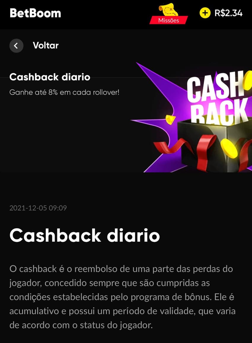 Captura de tela da promoção de cashback em cassino na BetBoom.
