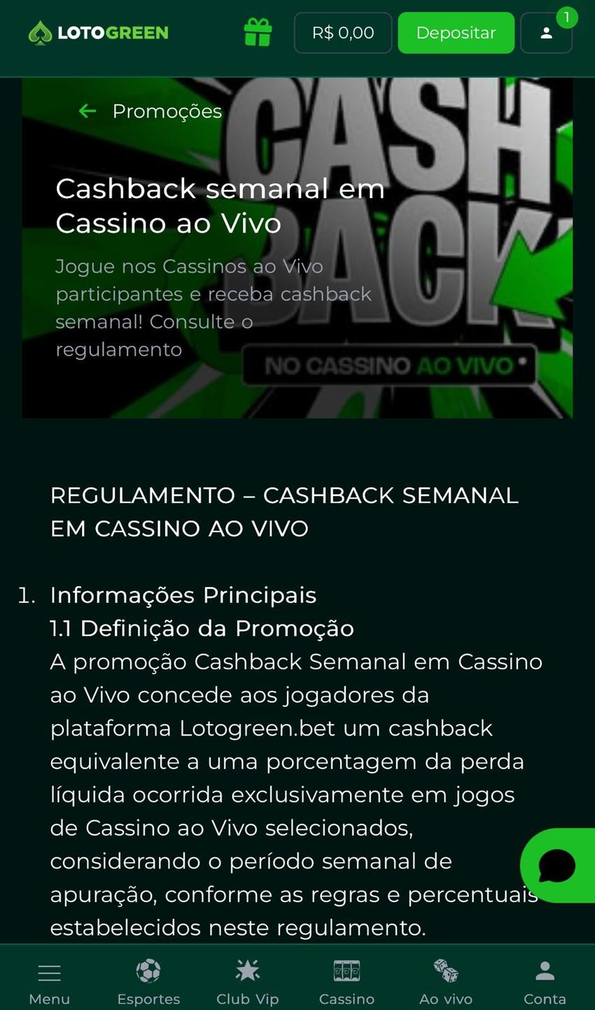 Captura de tela da promoção cashback em cassino ao vivo na Lotogreen.