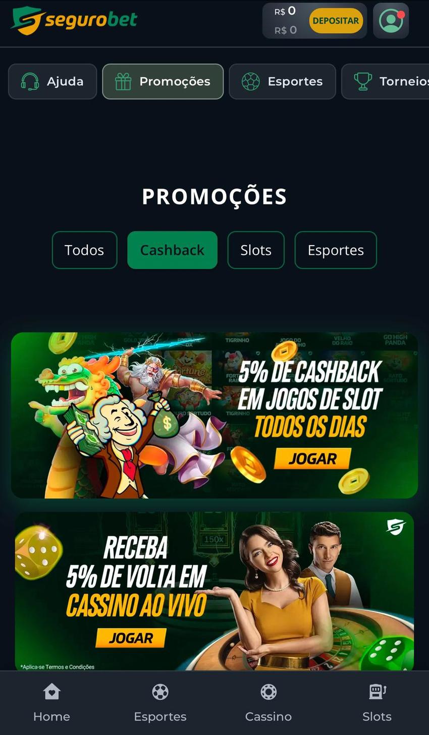  Captura de tela das promoções com cashback em cassino na Segurobet.