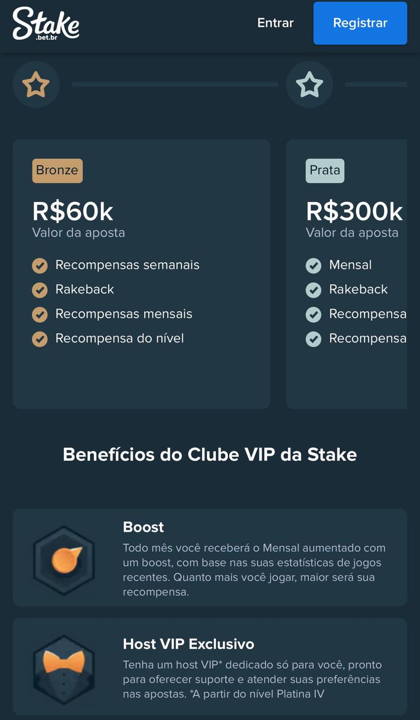 Captura de tela do clube VIP com cashback em cassino na Stake.