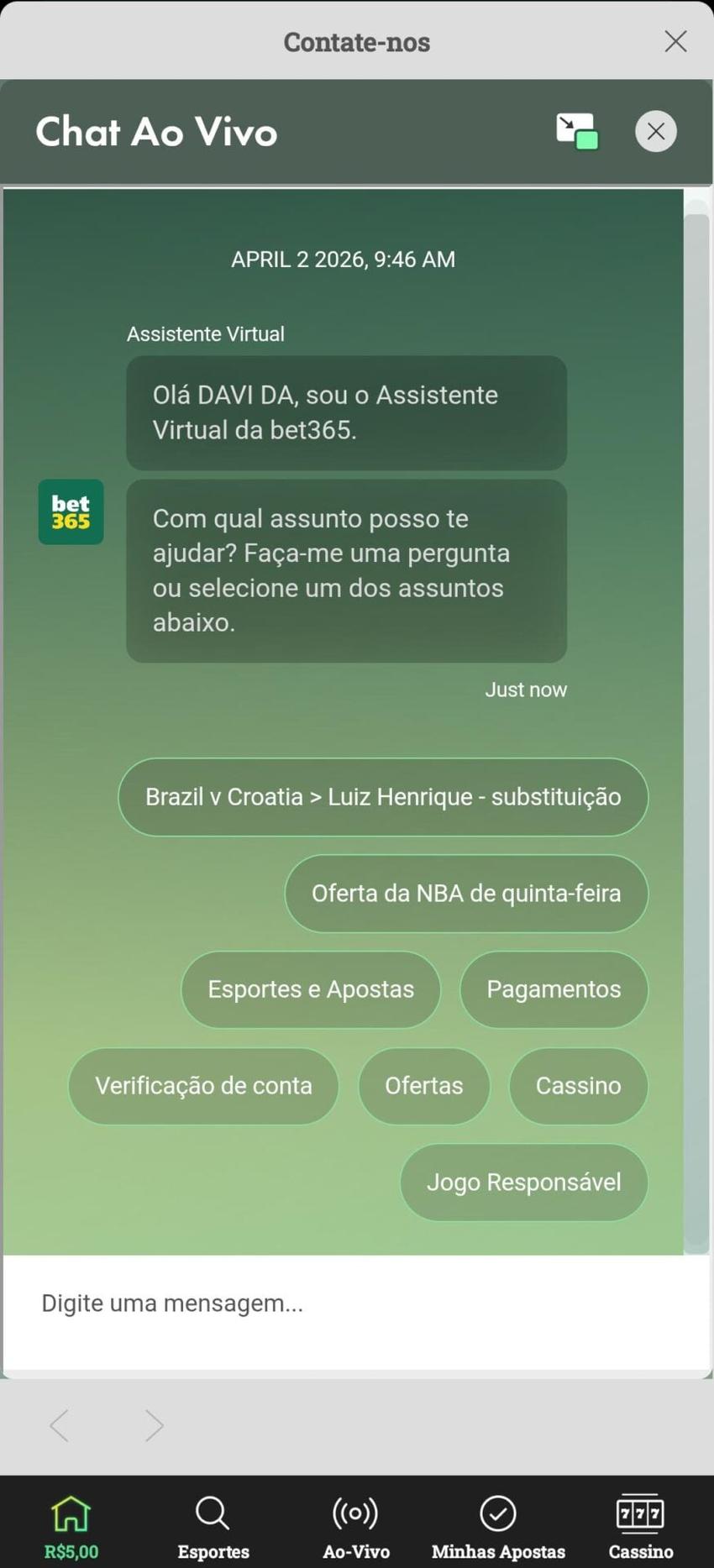Captura de tela do chat ao vivo bet365.