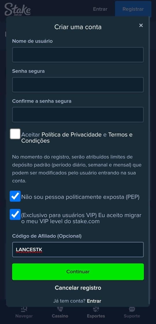 Captura de tela do cadastro com o código de afiliado Stake LANCESTK.