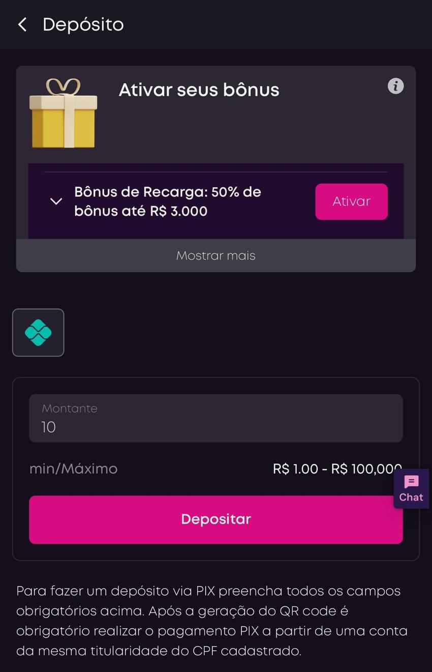 Captura da tela de depósito com Pix na Vbet.