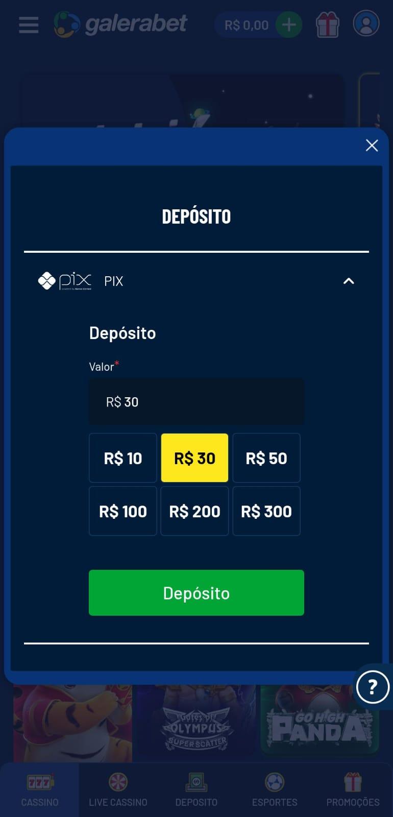 Página de depósito na Galera Bet com mínimo de R$10