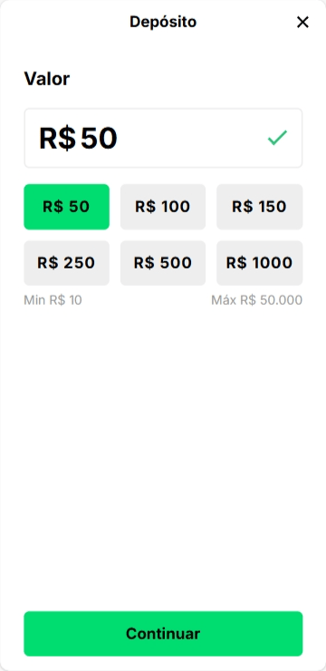 Tela de depósito KTO com valores pré-definidos