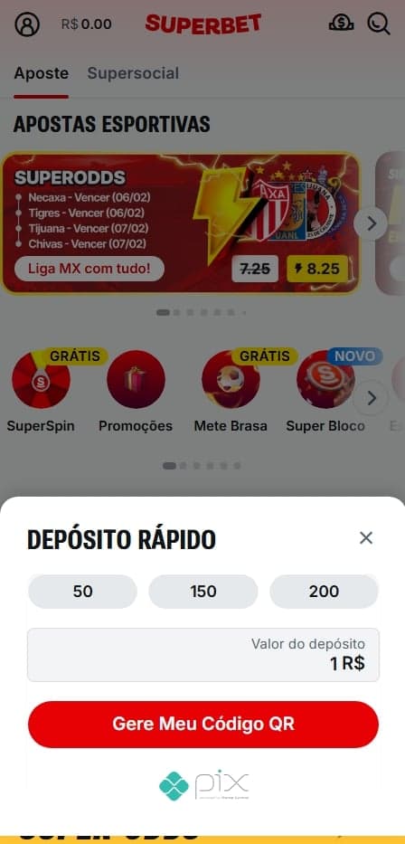 Tela de depósito rápido na Superbet com opção Pix