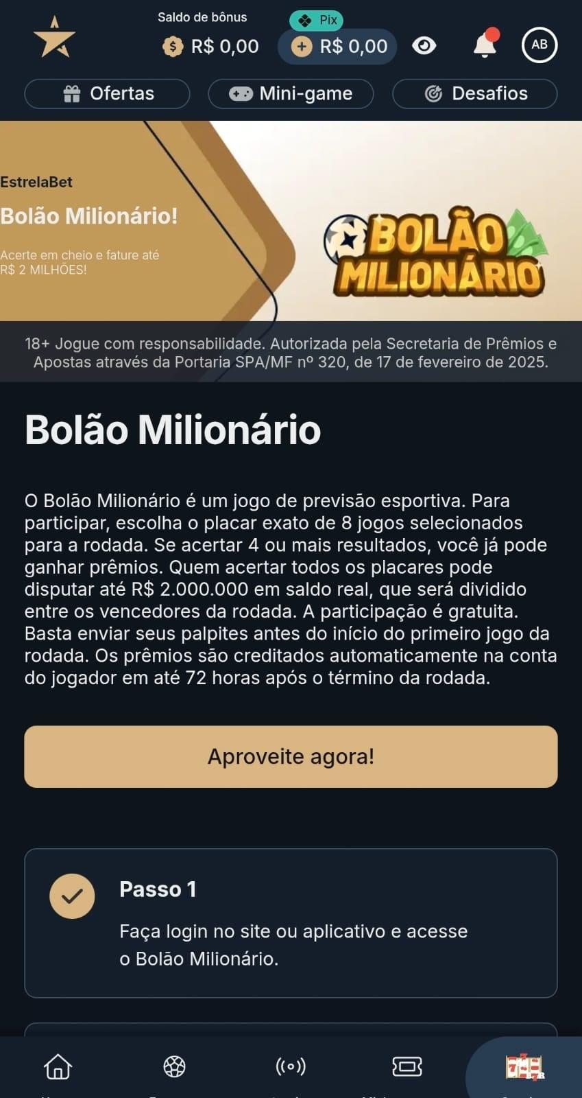 Captura de tela da oferta de Bolão Milionário da Estrela Bet com até R$2.000.000 em prêmios para acertar placares.