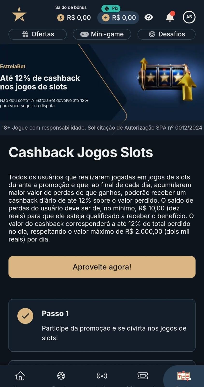 Captura de tela da página de cashback de 12% nos slots da Estrela Bet.