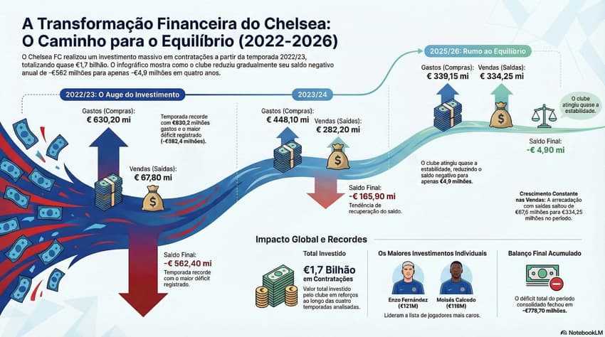 O balanço de transferência do Chelsea nos últimos anos (Foto: NotebookLM/IA)