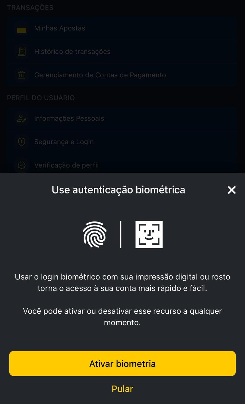 Captura da tela de ativação de biometria e reconhecimento facial na GingaBet.