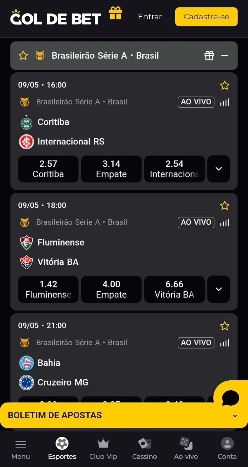 Captura de tela das apostas no Campeonato Brasileiro 2026 na Gol de Bet.