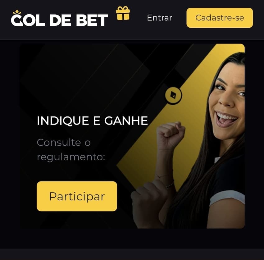 Captura de tela da oferta Indique e Ganhe da Gol de Bet com botão para participar.