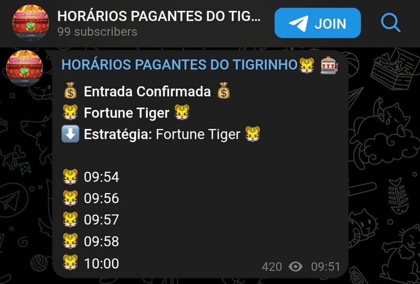 Captura de tela do golpe de horário pagante no tigrinho.