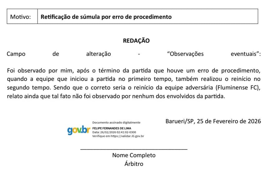 Retificação da súmula de Palmeiras x Fluminense (Foto: Reprodução)