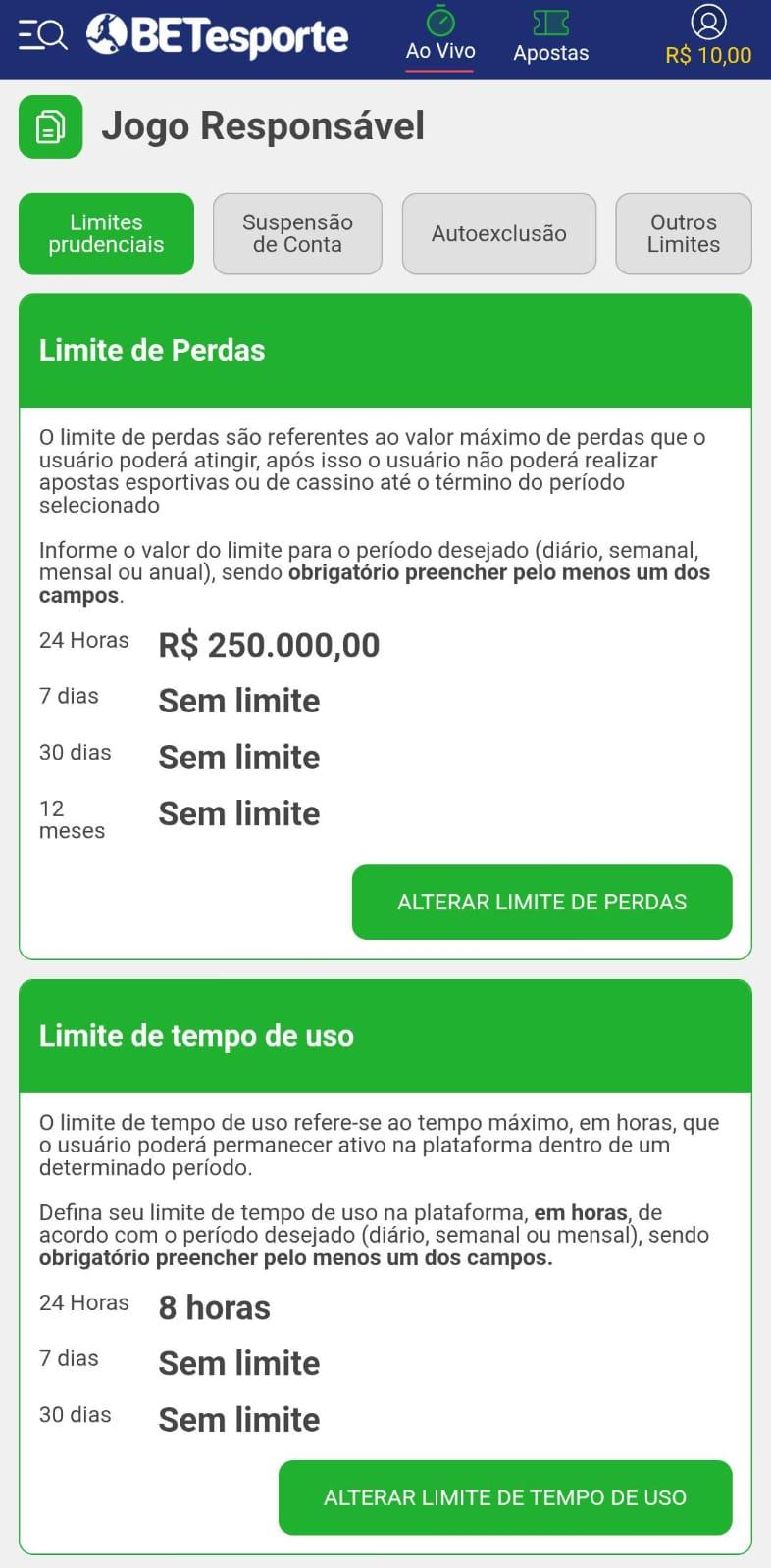 Captura de tela dos recursos de Jogo Responsável da BETesporte.