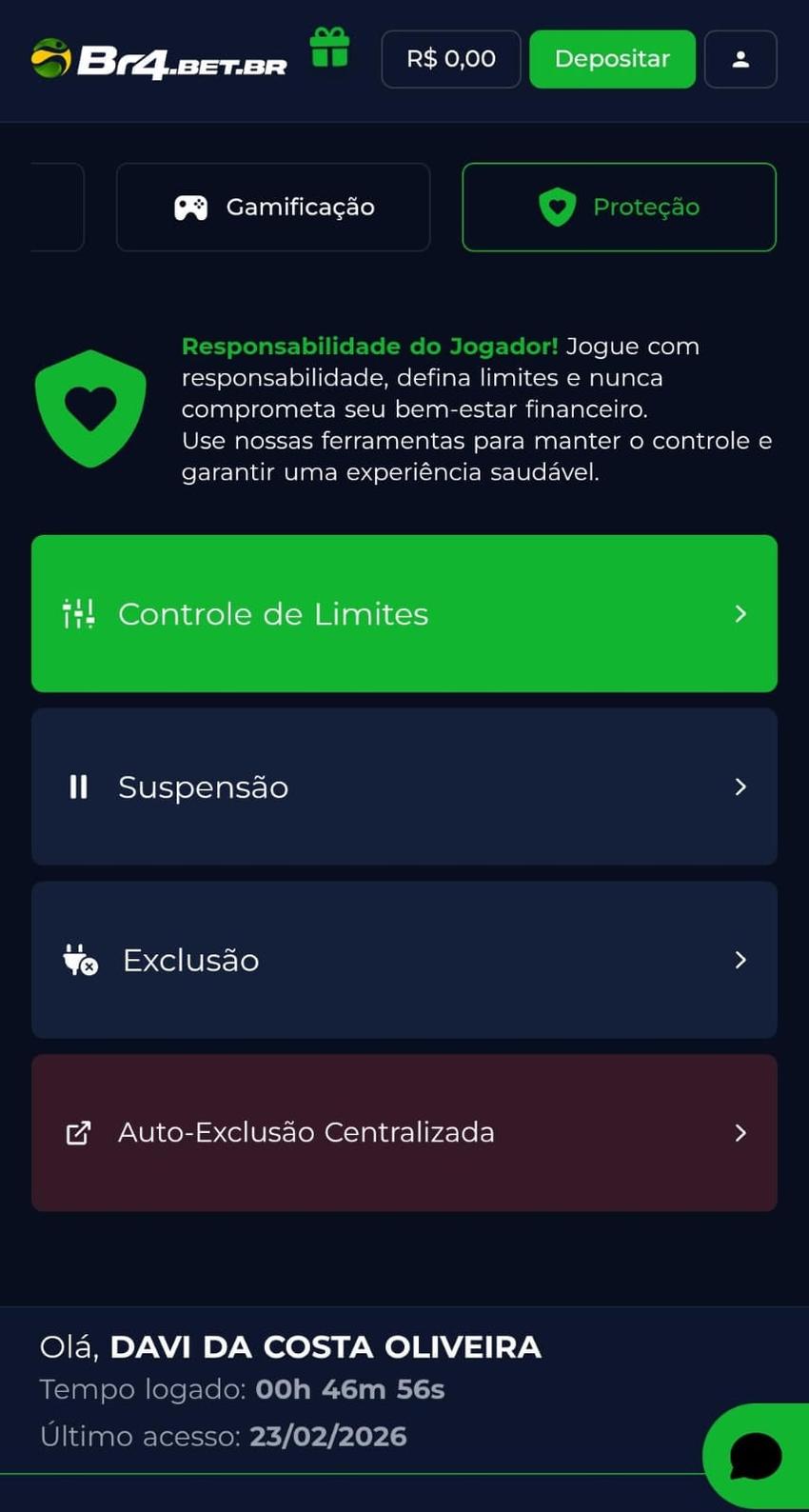 Captura de tela das funcionalidades de Jogo Responsável da BR4Bet.