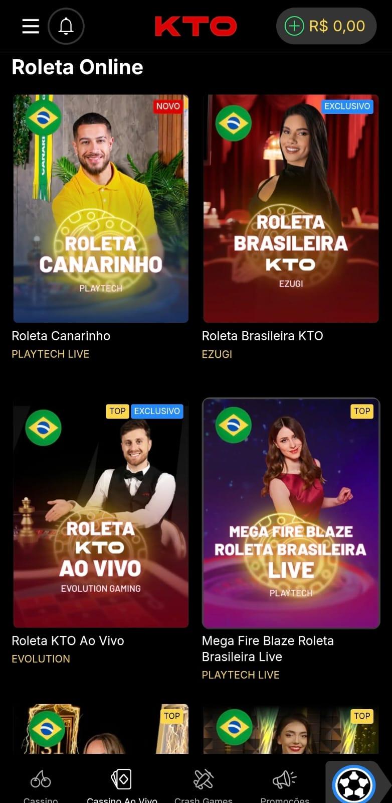 Captura de tela dos jogos de roleta brasileira no cassino da KTO.
