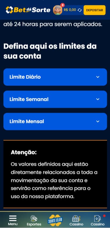 Tela de limites da conta na Bet da Sorte com opções diárias, semanais e mensais