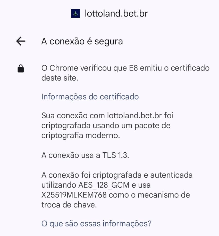Captura de tela das informações do site oficial da Lottoland indicando que a conexão é segura e protegida pelo protocolo TLS 1.3.