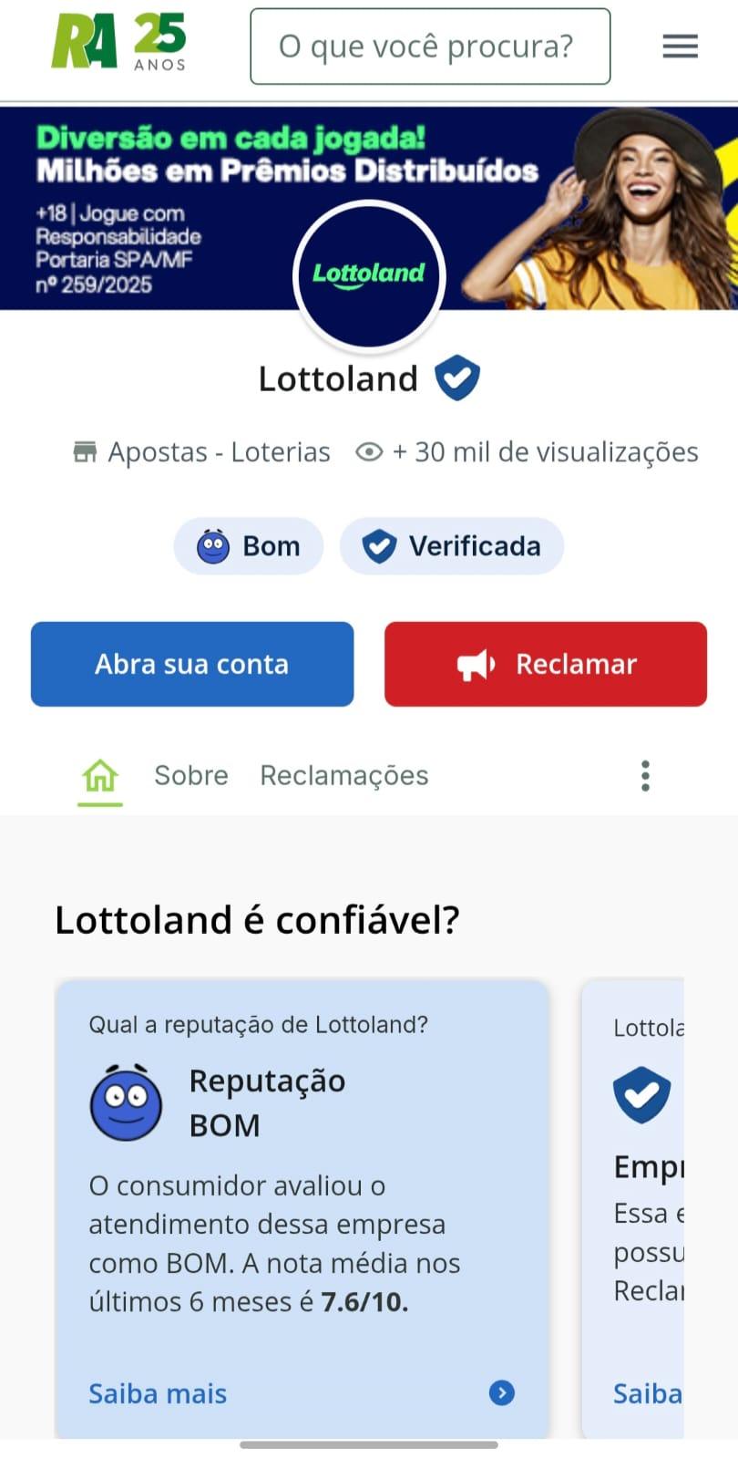 Captura de tela da página oficial do Reclame Aqui com os detalhes avaliativos da Lottoland.