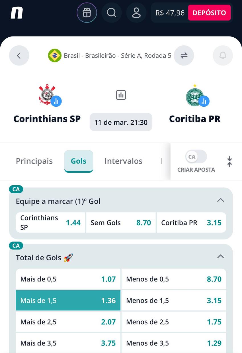 Captura de tela do jogo entre Corinthians e Coritiba pelo Brasileirão na Novibet.