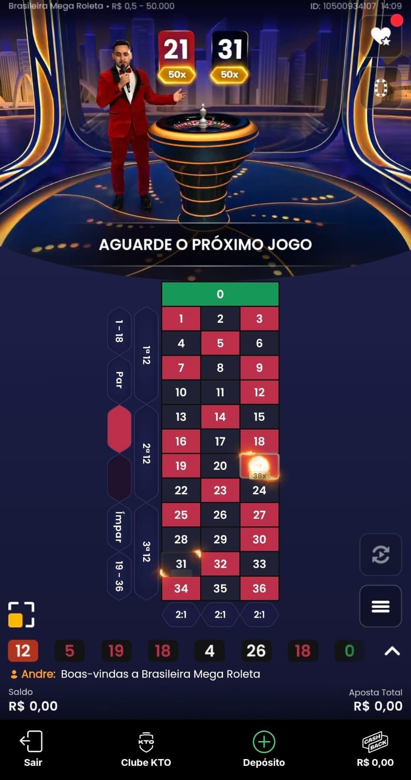 Captura de tela da Mega Roleta Brasileira durante uma seção de apostas no cassino da KTO.