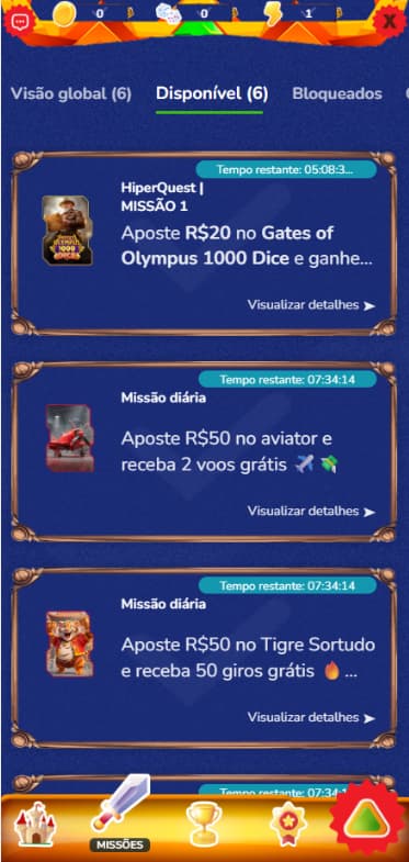 Captura da tela de Missões com giros grátis na Hiperbet.