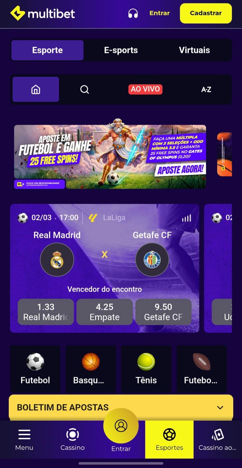 Captura de tela da página inicial da Multibet com botões para esportes, cassino e registro no aplicativo da casa.