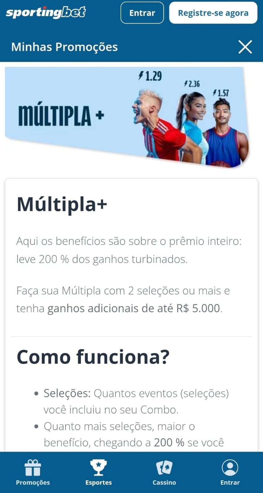 Captura de tela da Sportingbet exibindo a promoção Multipla+ para os usuários cadastrados.