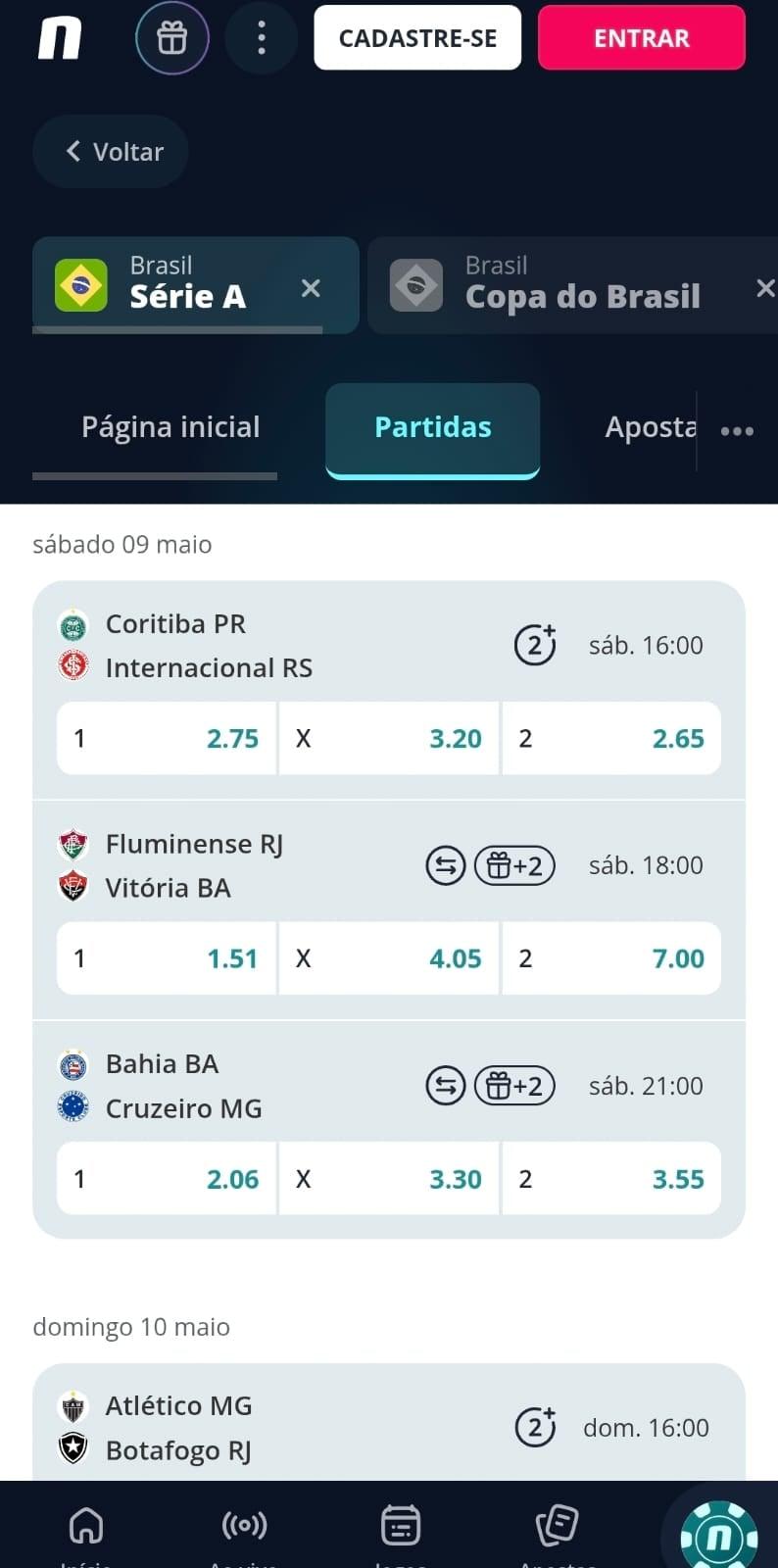 Captura de tela das opções de apostas no Brasileirão 2026 com os jogos da semana.