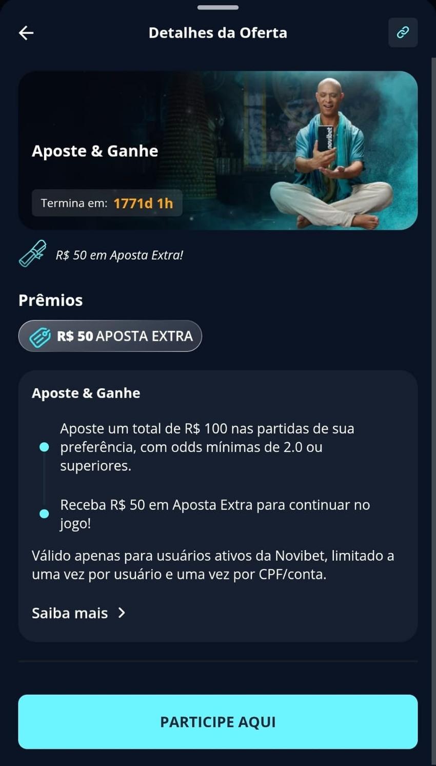 Captura de tela da oferta Aposte &amp; Ganhe da Novibet com detalhes de participação, tempo disponível e botão para ativação.