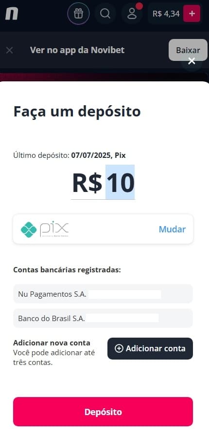 Depósito na Novibet via Pix com contas cadastradas