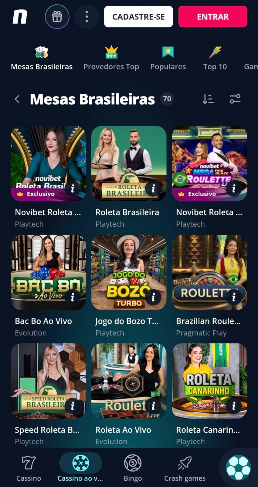 Captura de tela da Novibet, um cassino com roleta brasileira e outras mesas ao vivo.