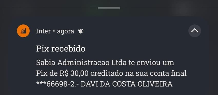Captura de tela do pagamento recebido feito pela BR4Bet.