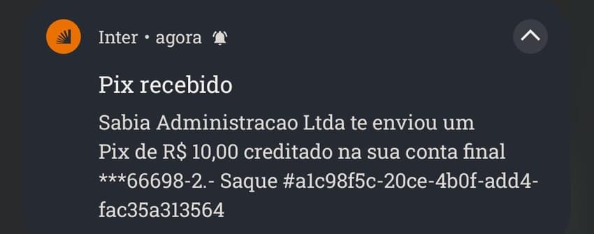 Captura de tela do pagamento recebido feito pela BR4Bet.