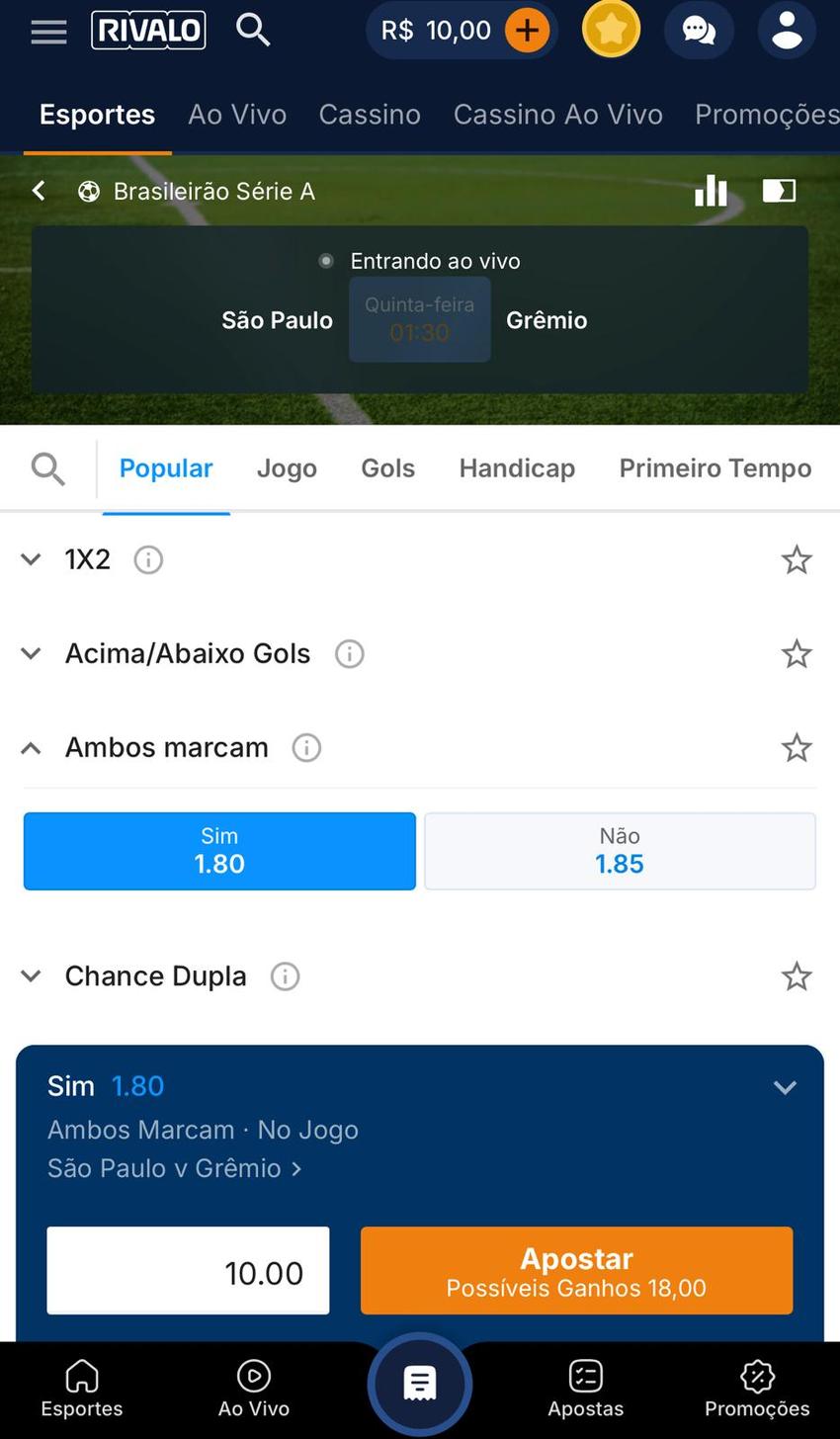 Captura de tela do bilhete de apostas com Pix na Rivalo.