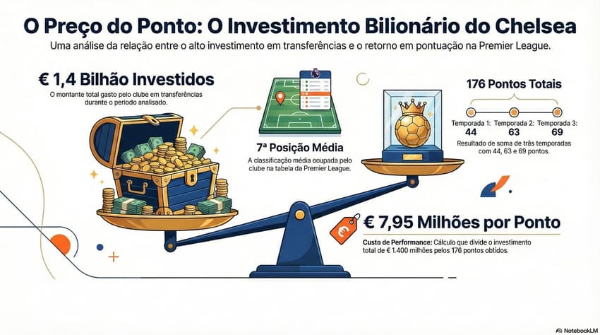 Milhões gastos por cada ponto conquistado pelo Chelsea na Premier League (Foto: NotebookLM/IA)