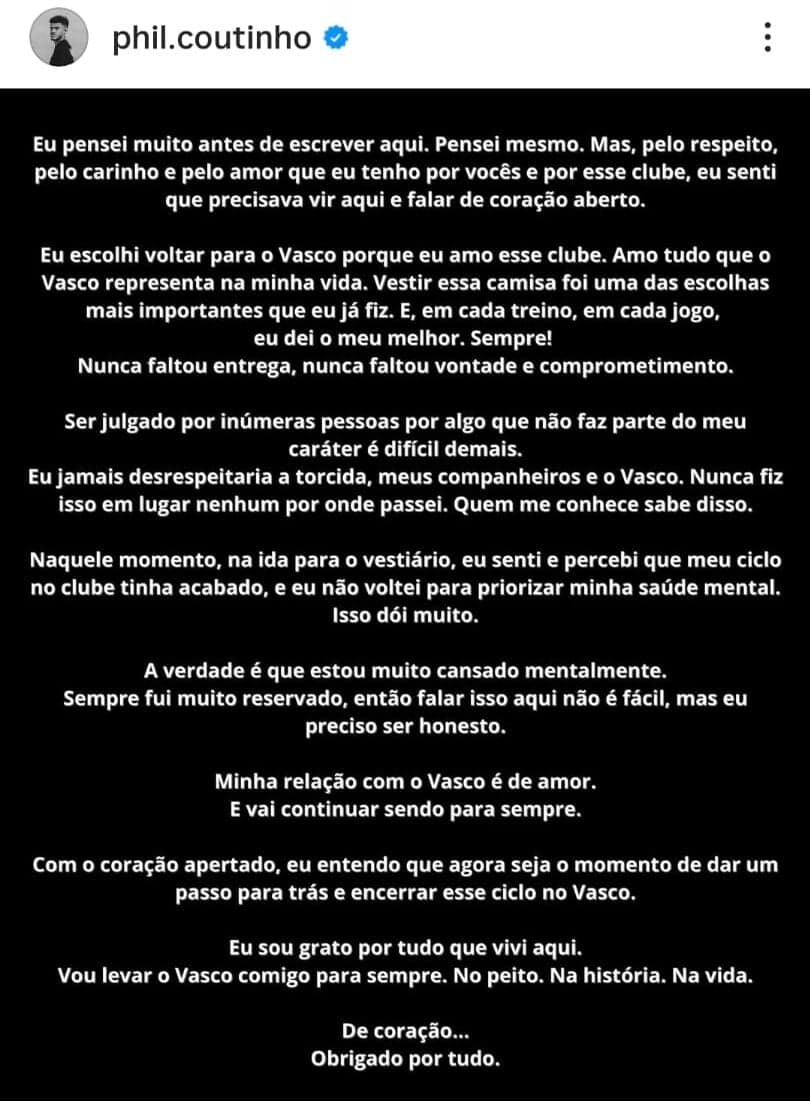 Publicação de Coutinho em suas redes sociais sobre a situação no Vasco (Foto: Reprodução)